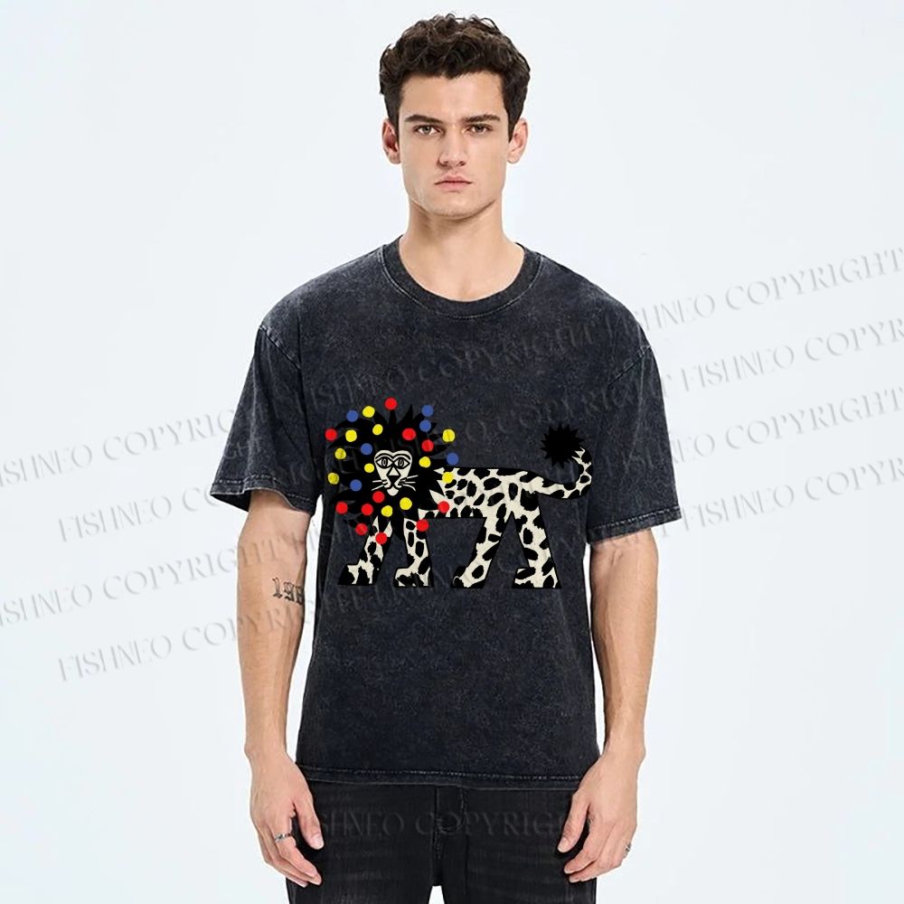 Unisex Funny Lion With Fairy Lights Printed Washed Tee