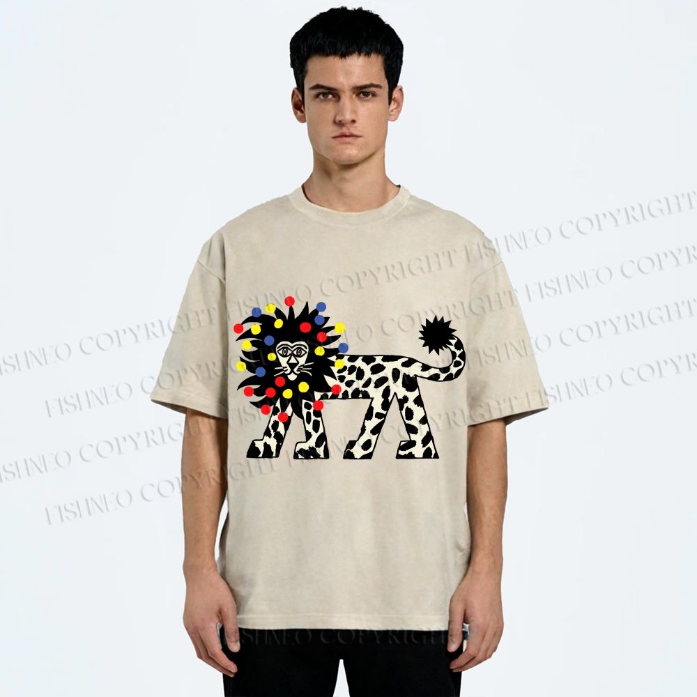Unisex Funny Lion With Fairy Lights Printed Washed Tee