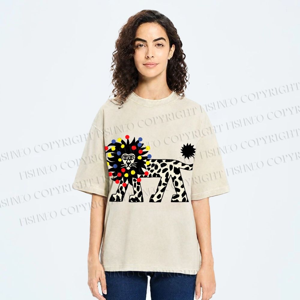 Unisex Funny Lion With Fairy Lights Printed Washed Tee
