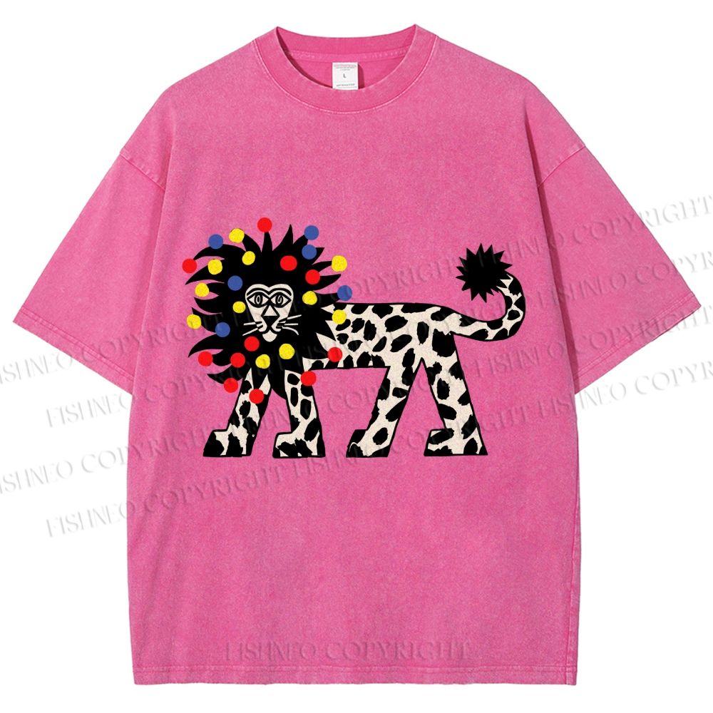 Unisex Funny Lion With Fairy Lights Printed Washed Tee