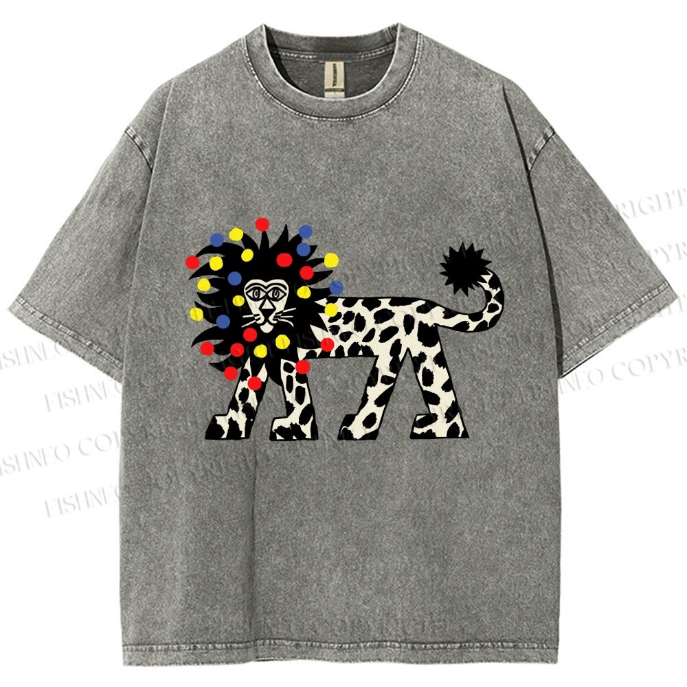 Unisex Funny Lion With Fairy Lights Printed Washed Tee