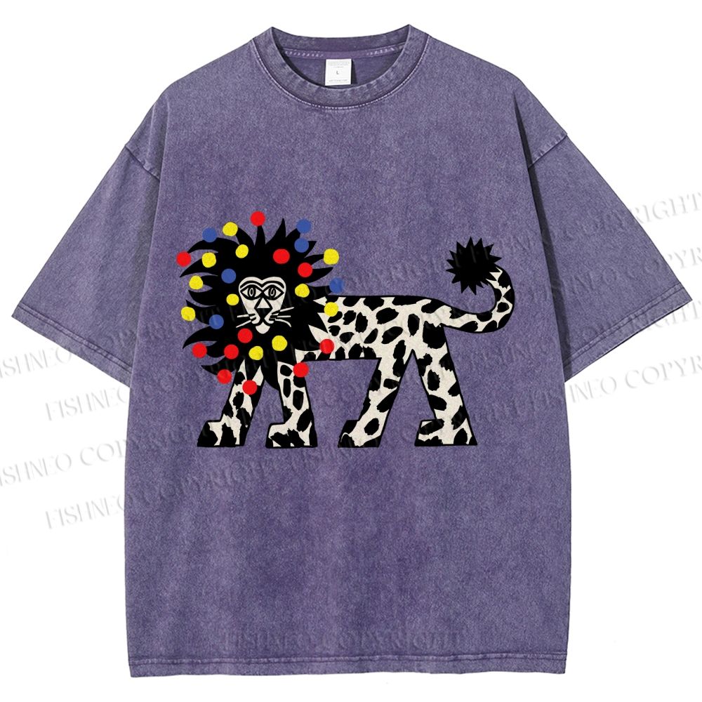 Unisex Funny Lion With Fairy Lights Printed Washed Tee
