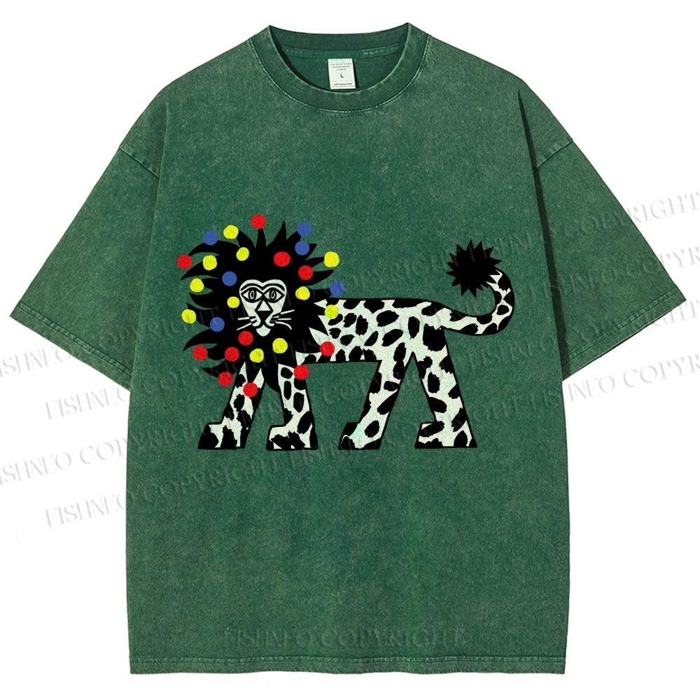 Unisex Funny Lion With Fairy Lights Printed Washed Tee