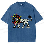 Unisex Funny Lion With Fairy Lights Printed Washed Tee