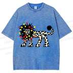 Unisex Funny Lion With Fairy Lights Printed Washed Tee