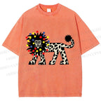 Unisex Funny Lion With Fairy Lights Printed Washed Tee