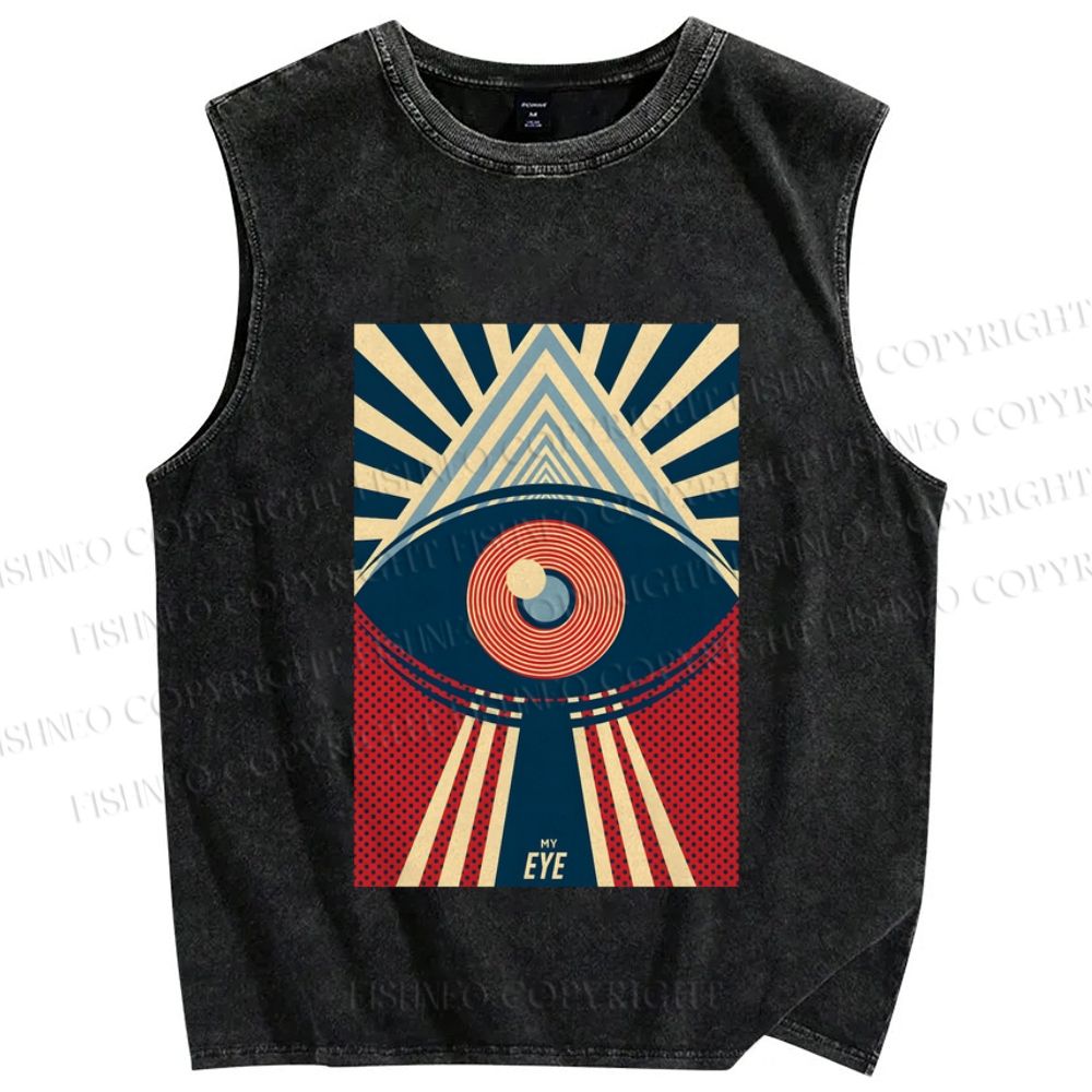 Unisex Vintage Geometric Eyes Printed Washed Tank Top