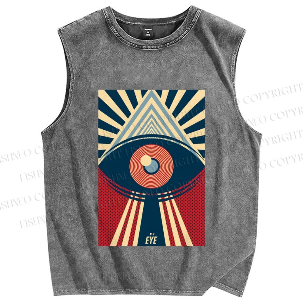 Unisex Vintage Geometric Eyes Printed Washed Tank Top