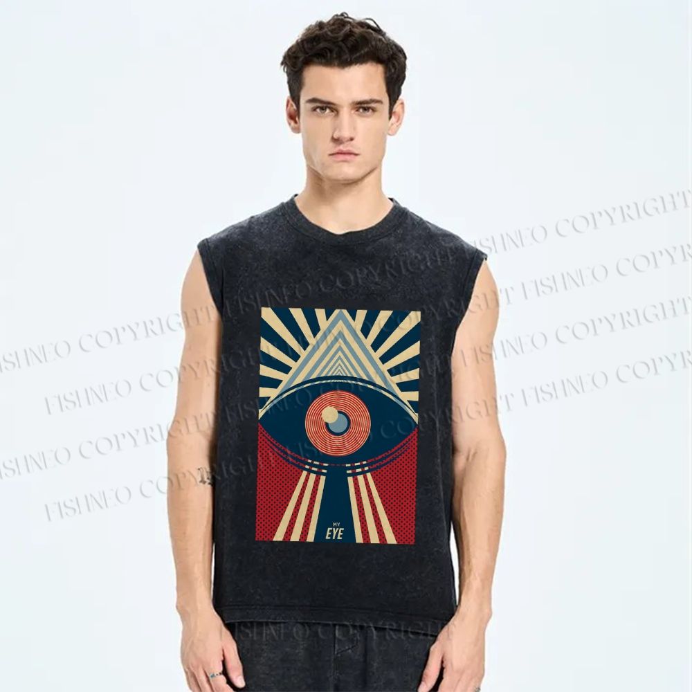 Unisex Vintage Geometric Eyes Printed Washed Tank Top