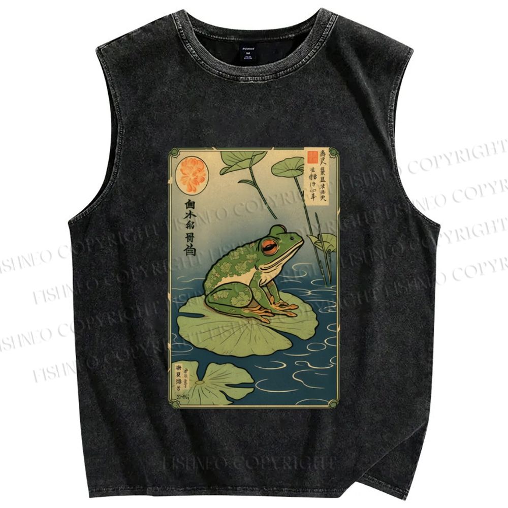 Unisex Vintage Japanese Frog Printed Washed Tank Top