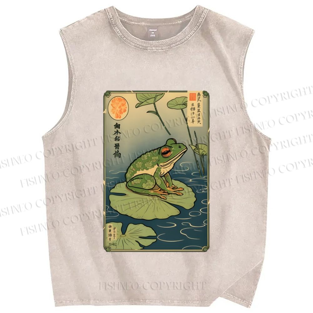 Unisex Vintage Japanese Frog Printed Washed Tank Top