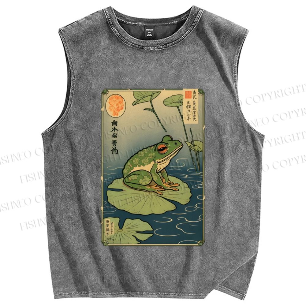 Unisex Vintage Japanese Frog Printed Washed Tank Top