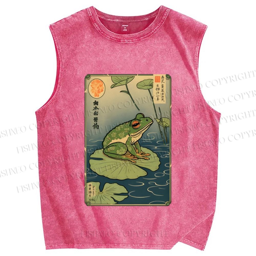 Unisex Vintage Japanese Frog Printed Washed Tank Top