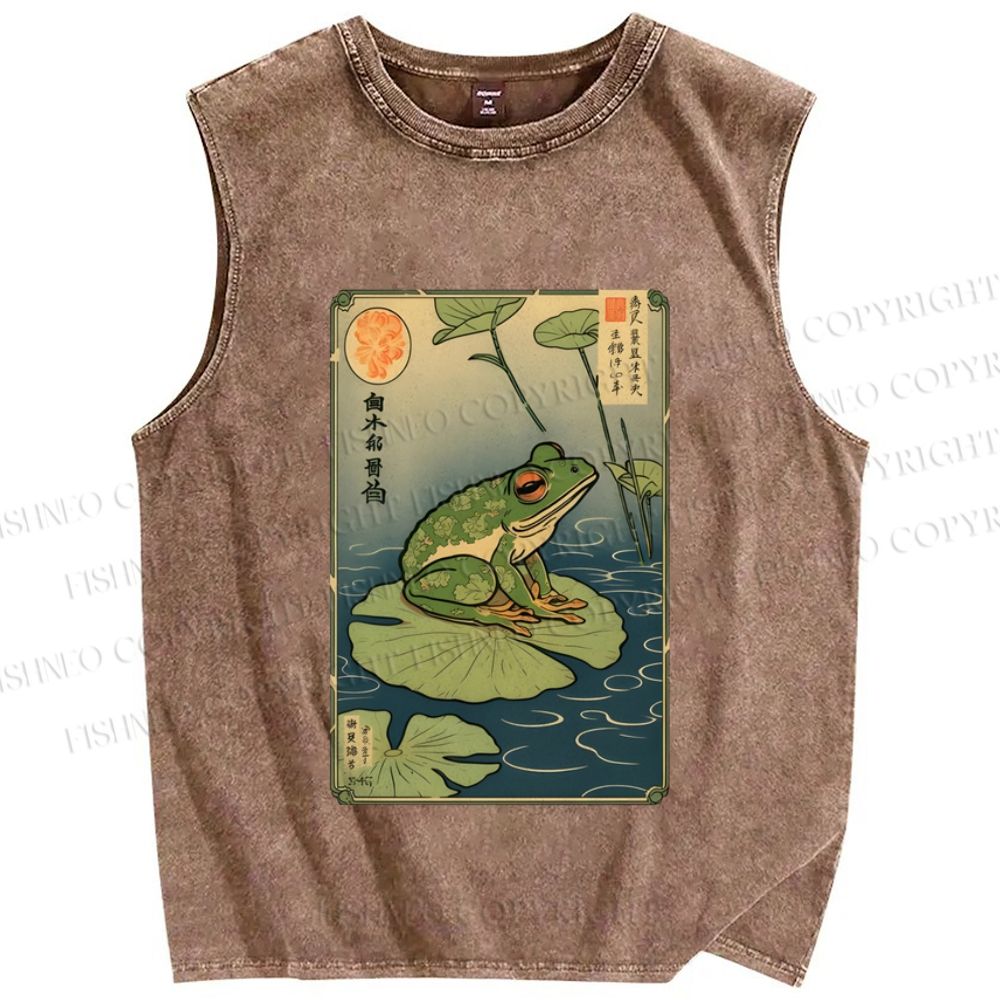 Unisex Vintage Japanese Frog Printed Washed Tank Top