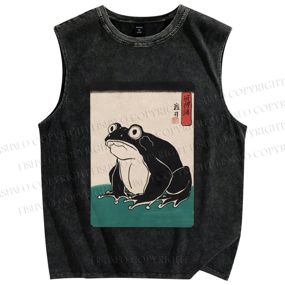 Unisex Japanese Frog Printed Washed Tank Top