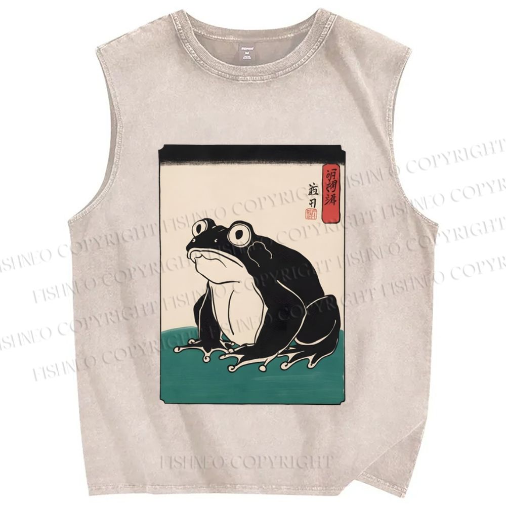 Unisex Japanese Frog Printed Washed Tank Top