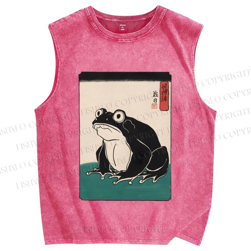 Unisex Japanese Frog Printed Washed Tank Top