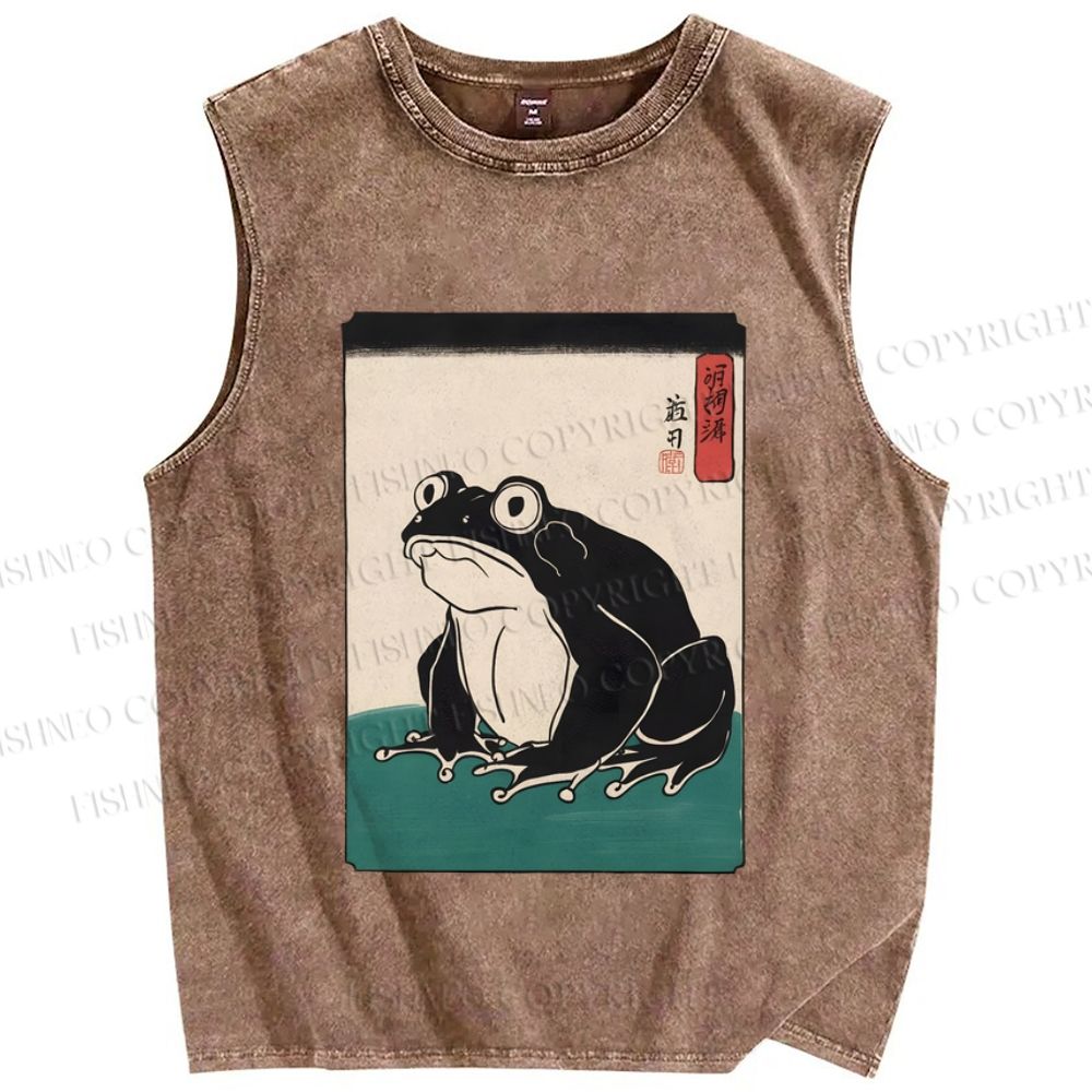 Unisex Japanese Frog Printed Washed Tank Top