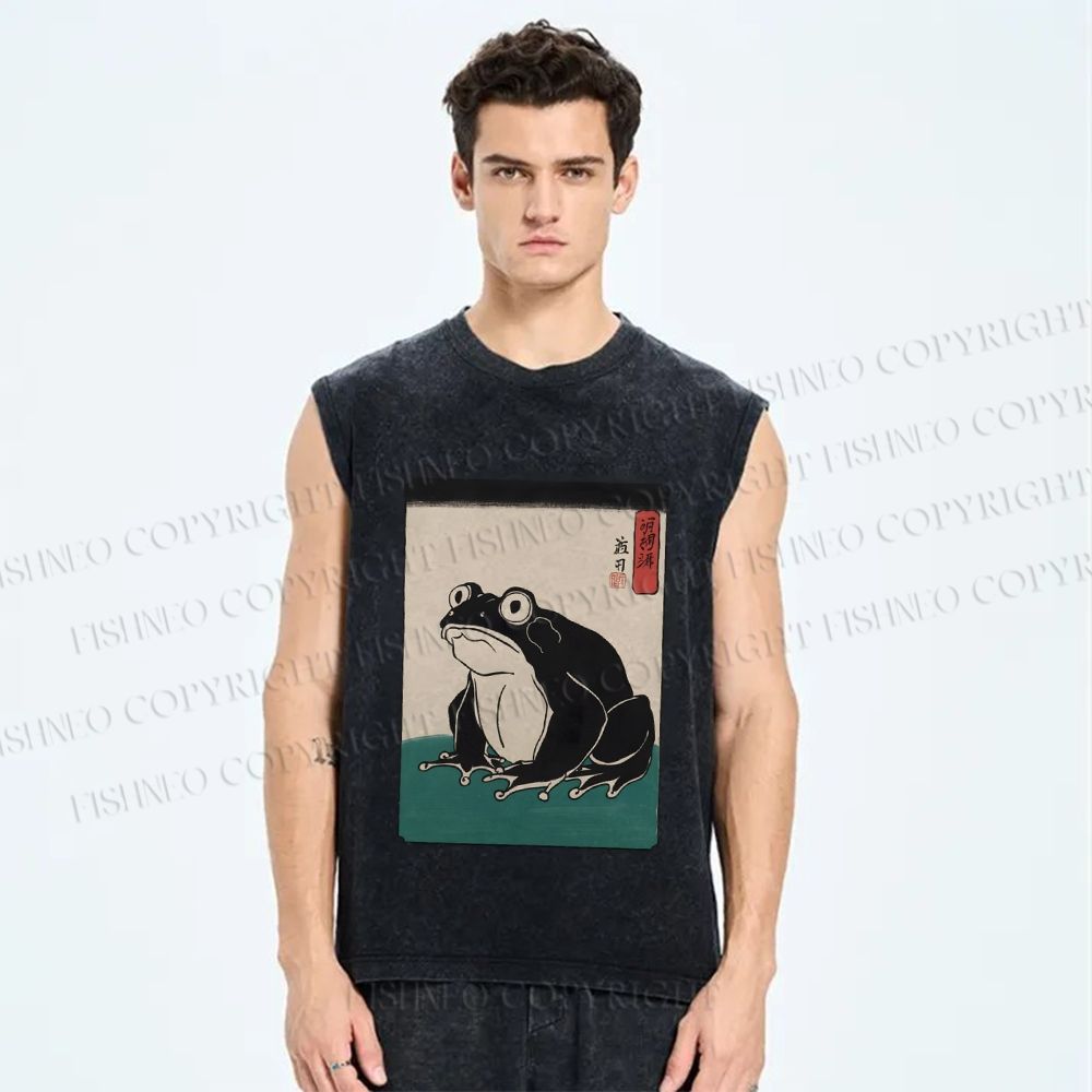 Unisex Japanese Frog Printed Washed Tank Top