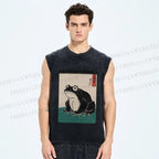 Unisex Japanese Frog Printed Washed Tank Top