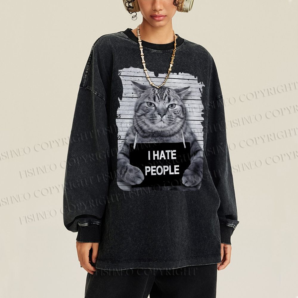 Unisex Casual Washed I Hate People Cat Printed Long Sleeve T-shirt