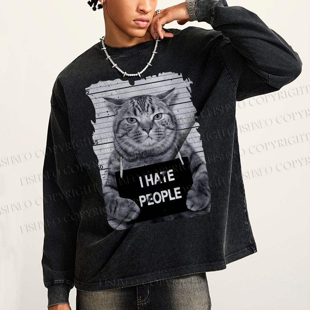 Unisex Casual Washed I Hate People Cat Printed Long Sleeve T-shirt