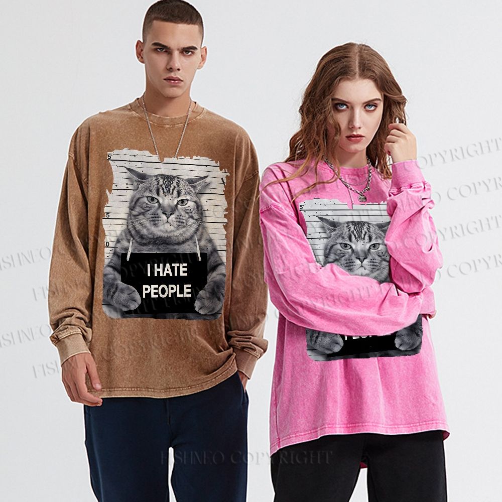 Unisex Casual Washed I Hate People Cat Printed Long Sleeve T-shirt