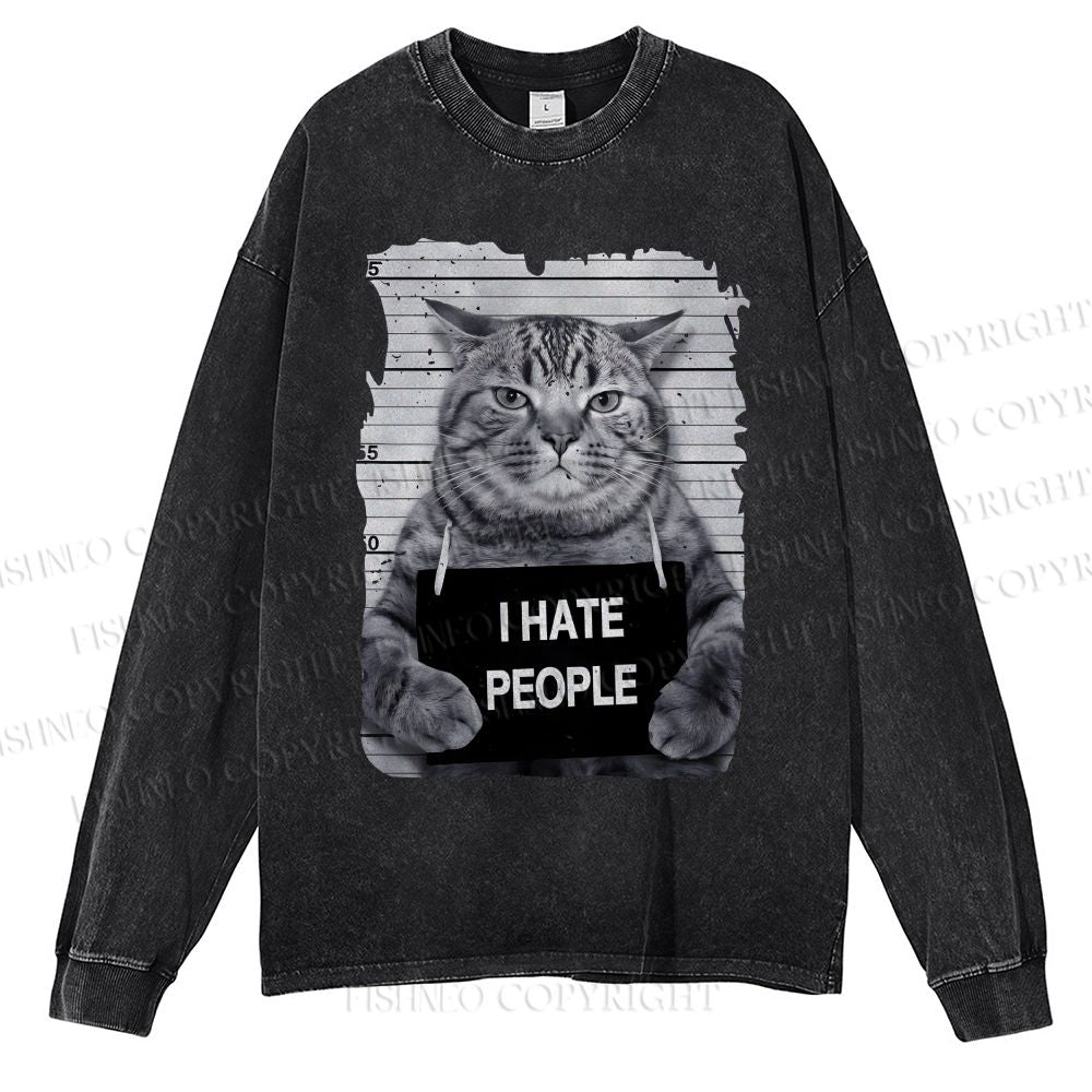 Unisex Casual Washed I Hate People Cat Printed Long Sleeve T-shirt