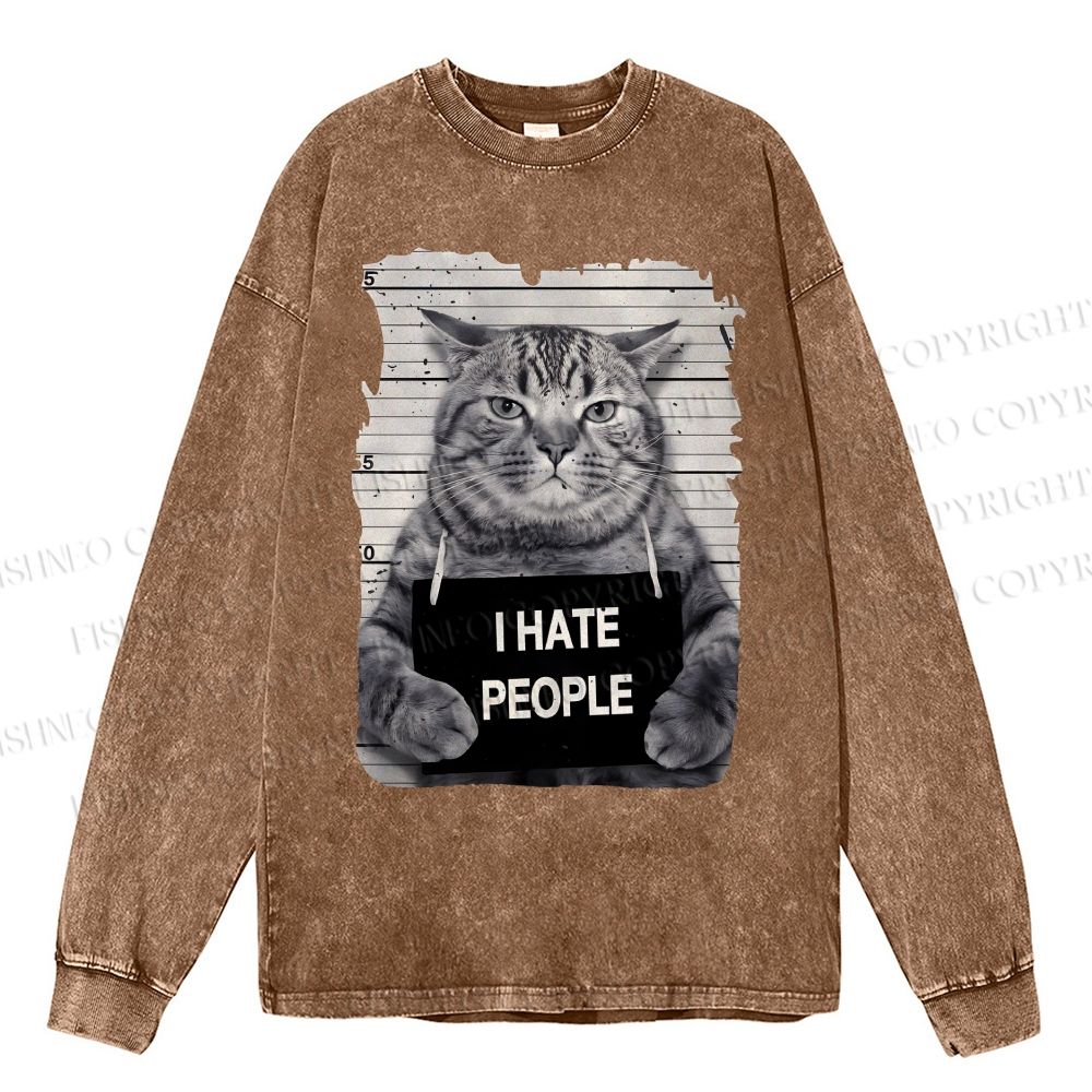 Unisex Casual Washed I Hate People Cat Printed Long Sleeve T-shirt