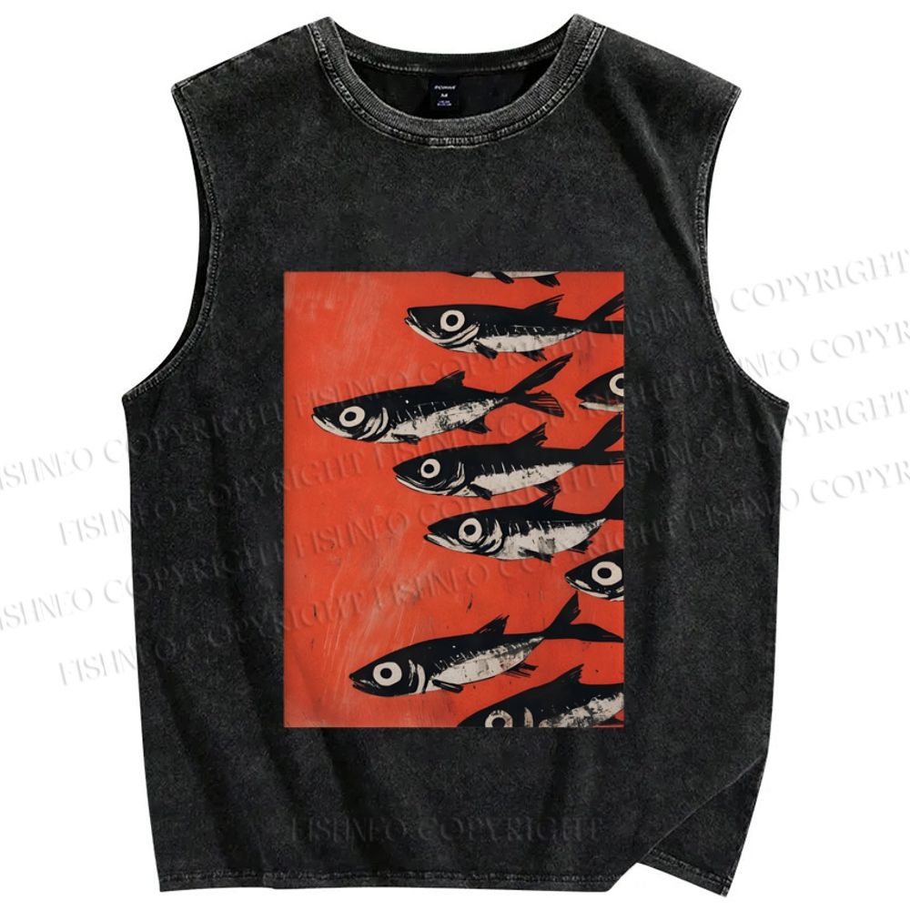 Unisex Vintage Sardines Printed Washed Tank Top