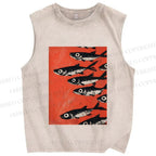 Unisex Vintage Sardines Printed Washed Tank Top