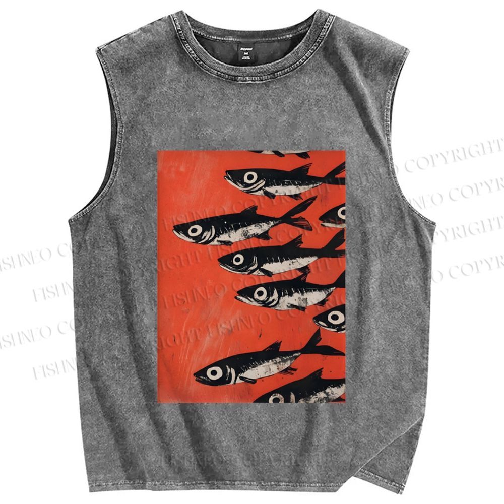Unisex Vintage Sardines Printed Washed Tank Top