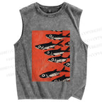 Unisex Vintage Sardines Printed Washed Tank Top