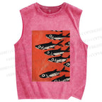 Unisex Vintage Sardines Printed Washed Tank Top