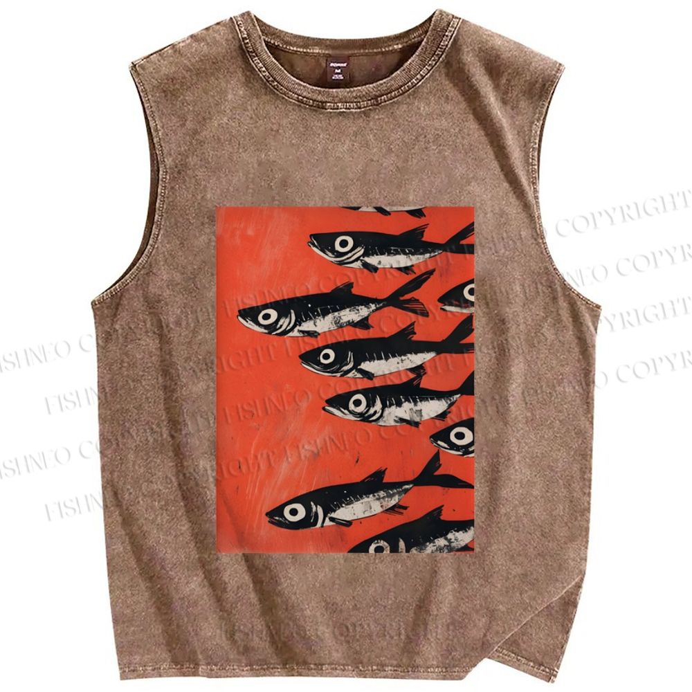 Unisex Vintage Sardines Printed Washed Tank Top