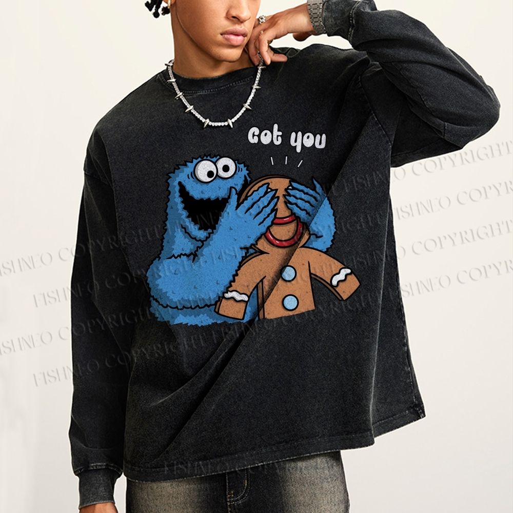 Unisex Casual Washed Got You Cookie Monster Printed Long Sleeve T-shirt