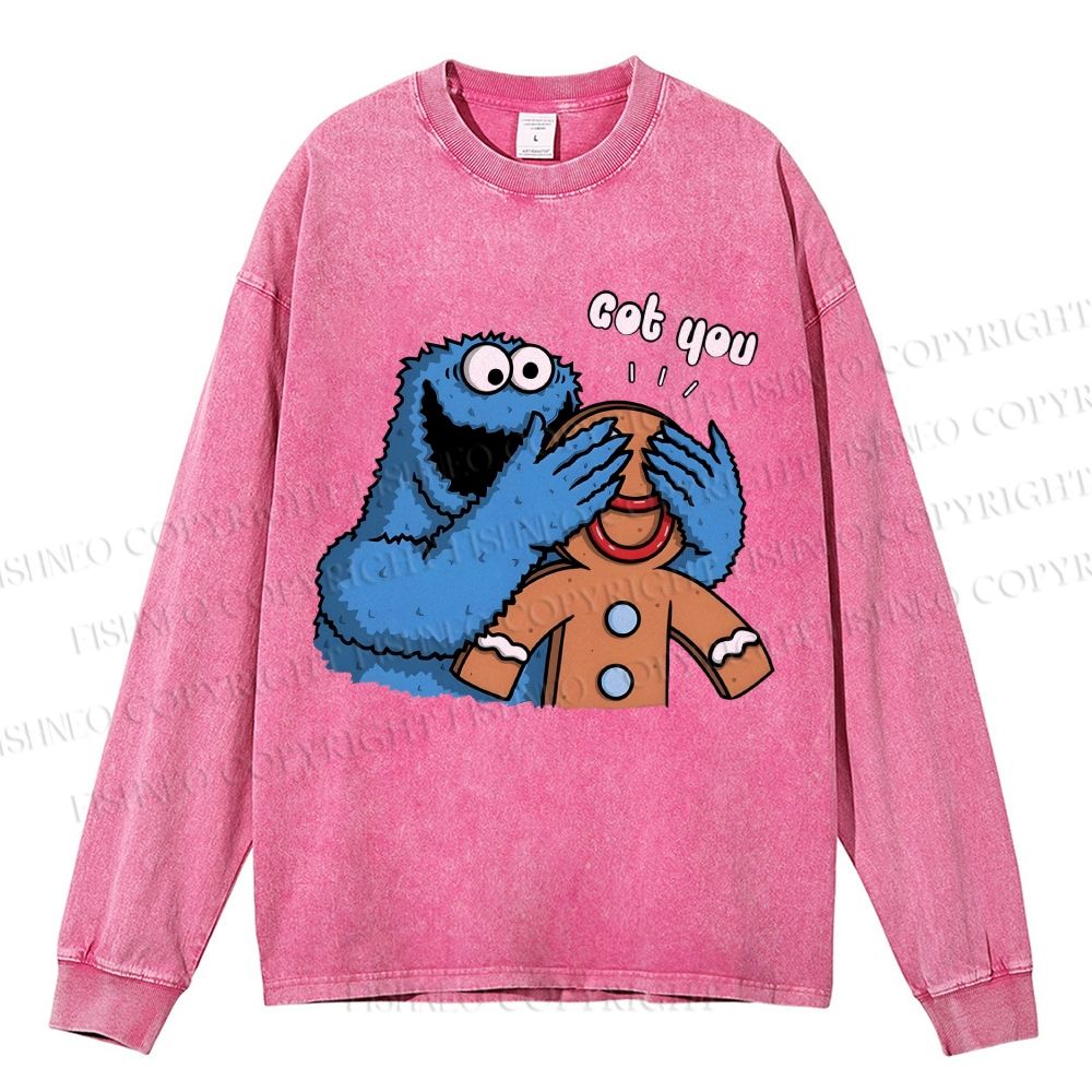 Unisex Casual Washed Got You Cookie Monster Printed Long Sleeve T-shirt