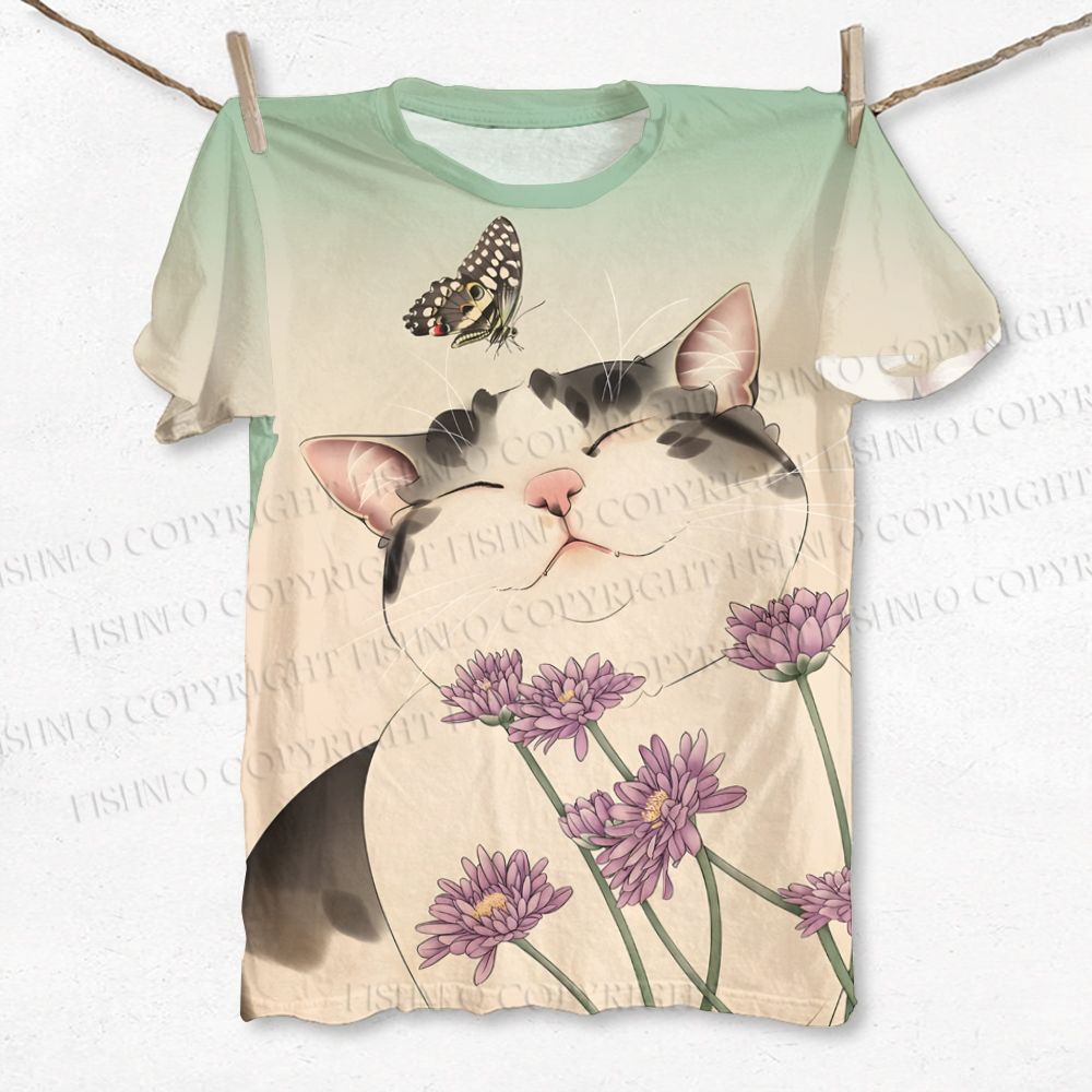 Unisex Cat Smell The Flowers With Butterfly Printed Classic T-shirt
