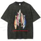 Unisex Sardine Christmas Light Printed Washed Tee