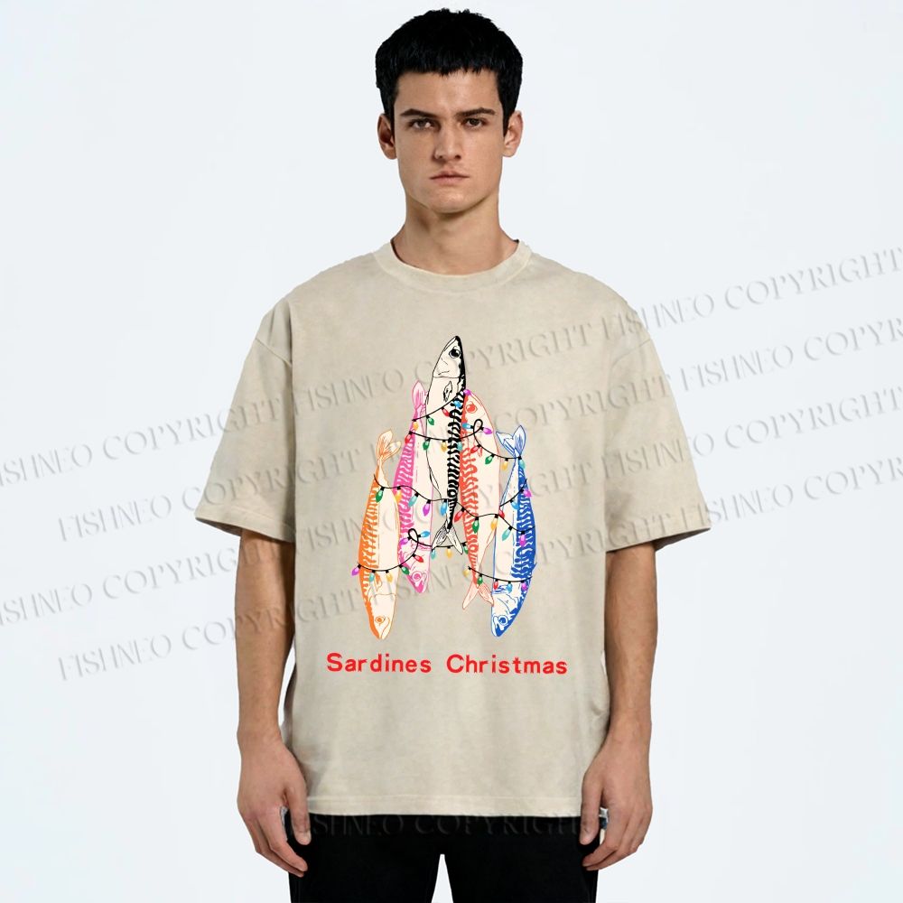 Unisex Sardine Christmas Light Printed Washed Tee
