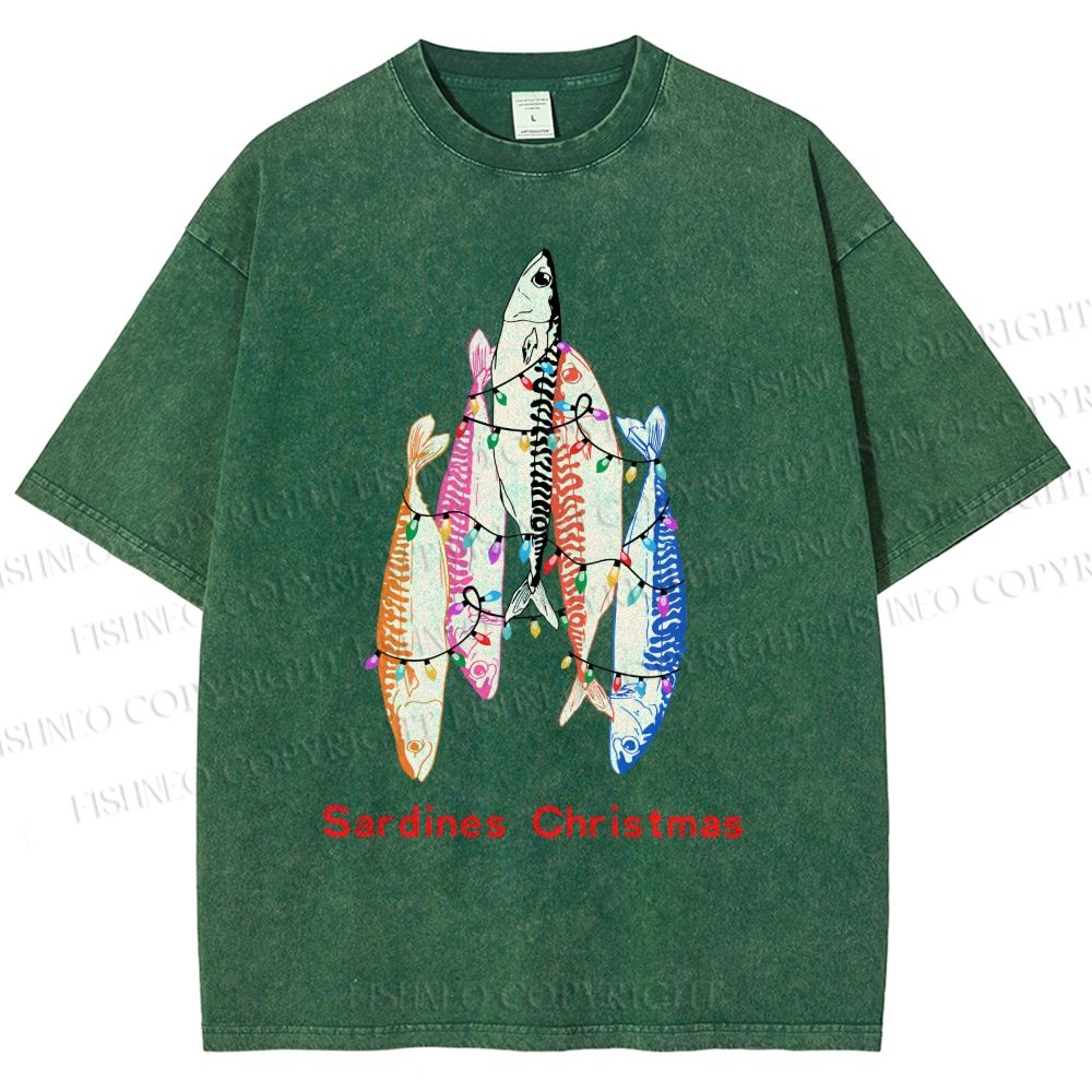 Unisex Sardine Christmas Light Printed Washed Tee