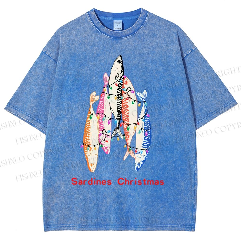 Unisex Sardine Christmas Light Printed Washed Tee