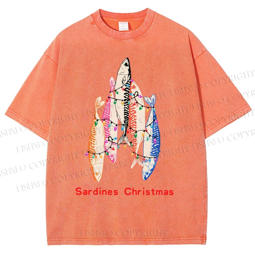 Unisex Sardine Christmas Light Printed Washed Tee