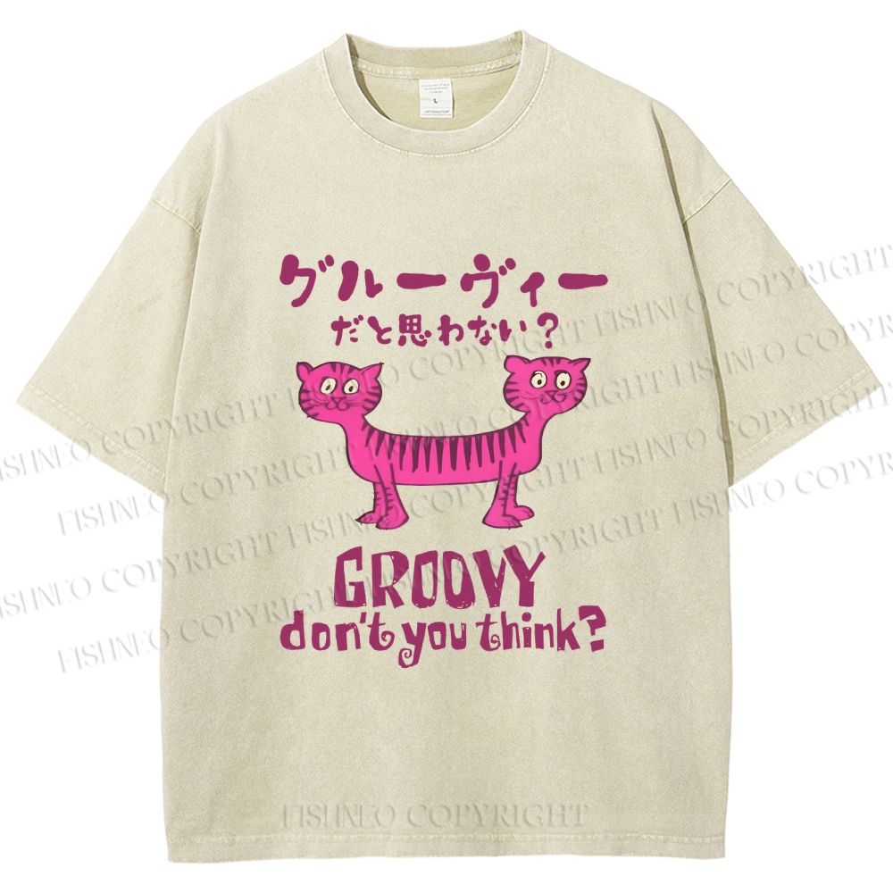 Unisex Double Head Tiger Groovy Dont You Think Japanese Printed Washed Tee