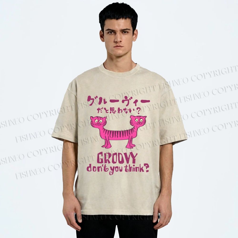 Unisex Double Head Tiger Groovy Dont You Think Japanese Printed Washed Tee