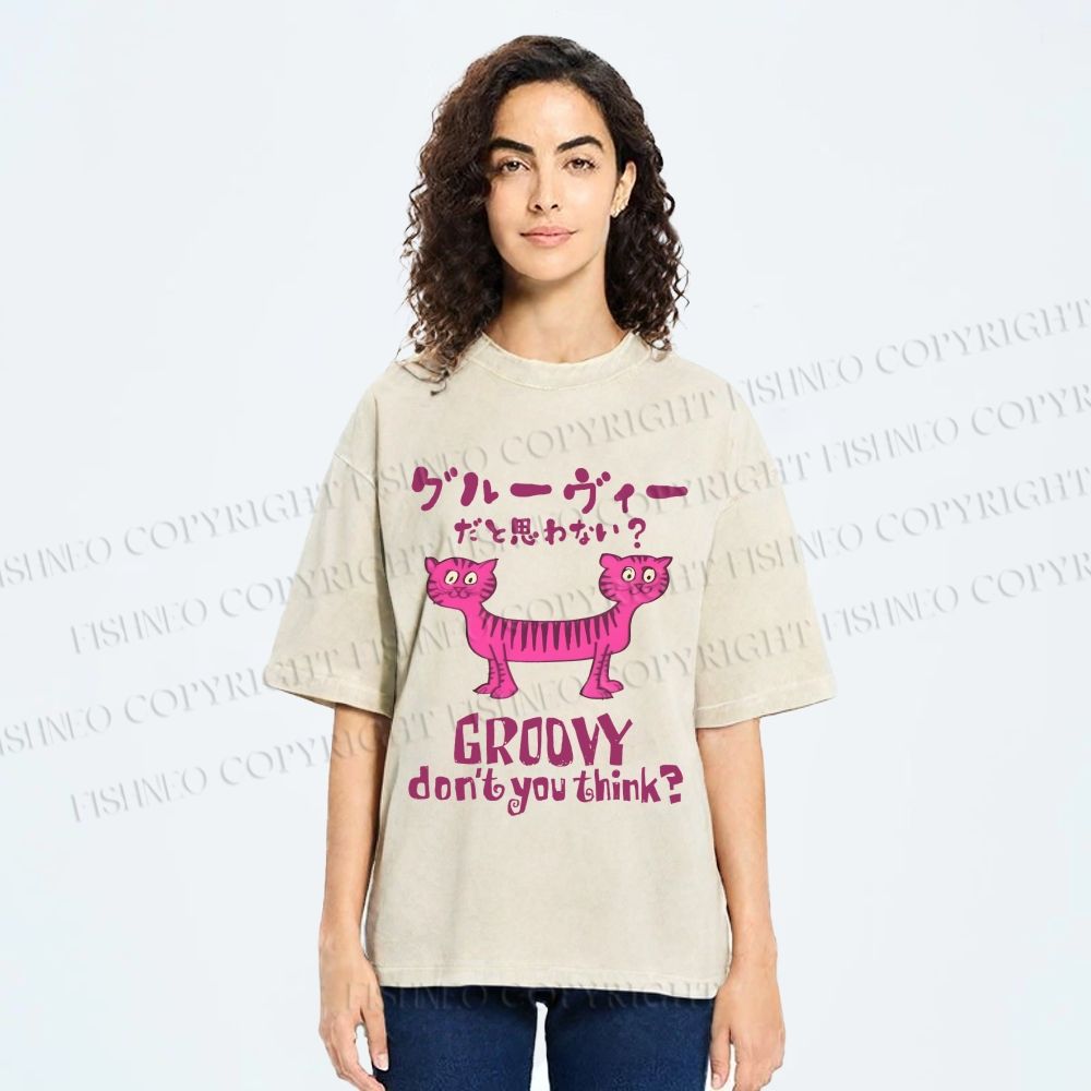 Unisex Double Head Tiger Groovy Dont You Think Japanese Printed Washed Tee
