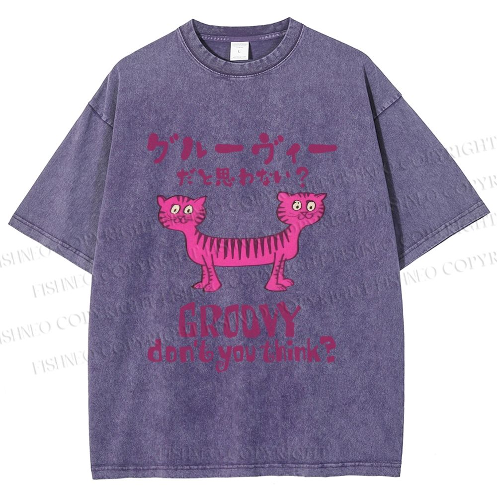 Unisex Double Head Tiger Groovy Dont You Think Japanese Printed Washed Tee