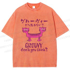 Unisex Double Head Tiger Groovy Dont You Think Japanese Printed Washed Tee