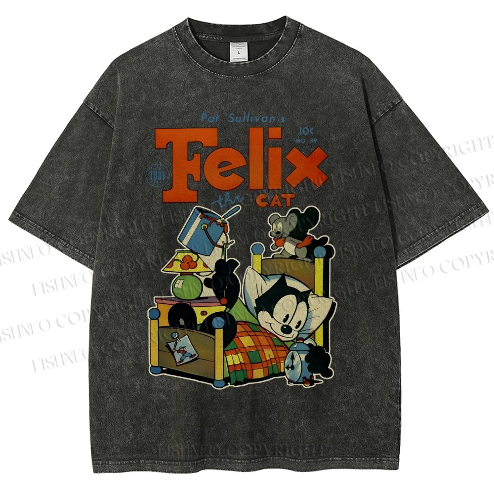 Unisex Felix the Cat Funny Bed Time Printed Washed Tee