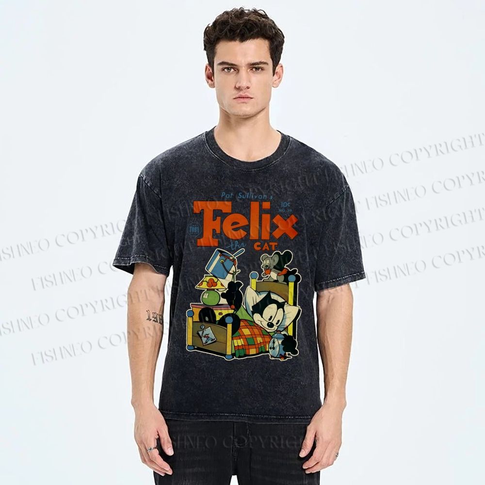 Unisex Felix the Cat Funny Bed Time Printed Washed Tee